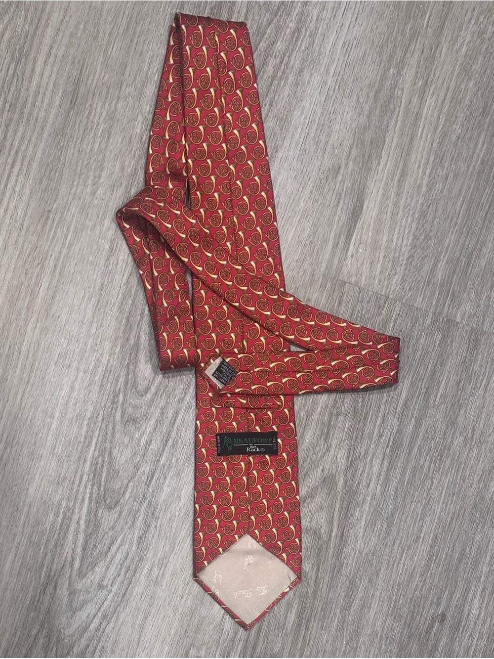 BEAUFORT The Rack Mens 100% Silk Necktie Red French Horns Italian Made Vintage
